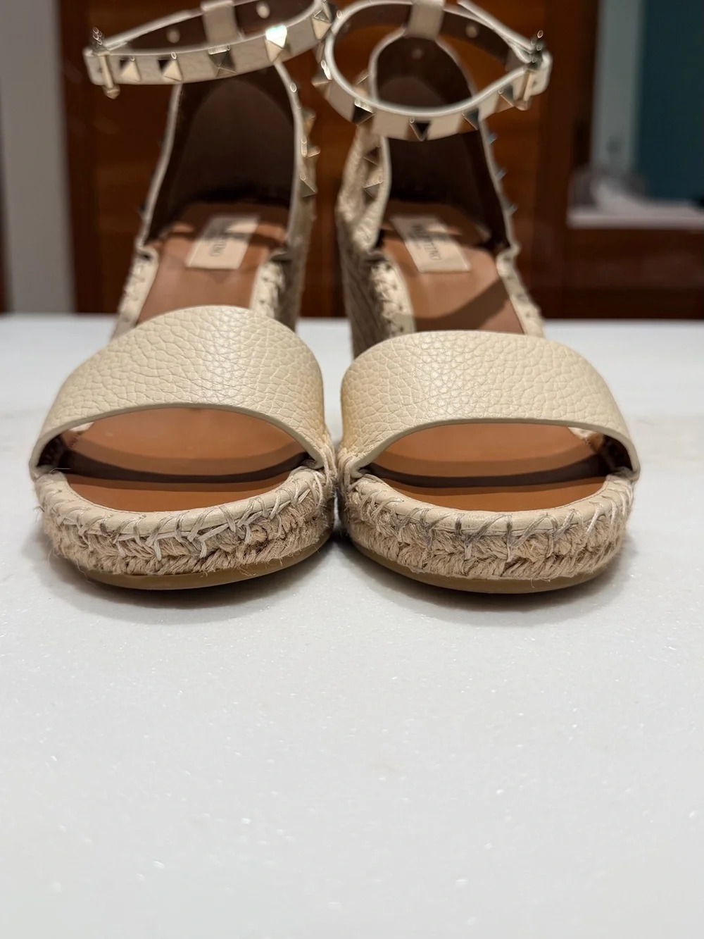 Valentino Cream Leather Rockstud Espadrille Wedge Sandals Size EU38
